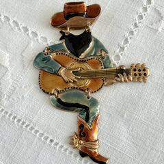 Vintage Don Lin Articulated Cowboy Guitar Brooch- 1980s