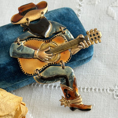 Vintage Don Lin Articulated Cowboy Guitar Brooch- 1980s