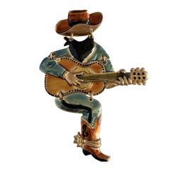 Vintage Don Lin Articulated Cowboy Guitar Brooch- 1980s