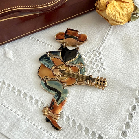 Vintage Don Lin Articulated Cowboy Guitar Brooch- 1980s