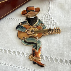 Vintage Don Lin Articulated Cowboy Guitar Brooch- 1980s