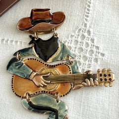 Vintage Don Lin Articulated Cowboy Guitar Brooch- 1980s
