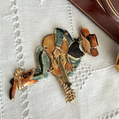 Vintage Don Lin Articulated Cowboy Guitar Brooch- 1980s