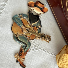Vintage Don Lin Articulated Cowboy Guitar Brooch- 1980s