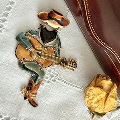 Vintage Don Lin Articulated Cowboy Guitar Brooch- 1980s