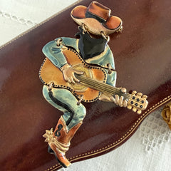 Vintage Don Lin Articulated Cowboy Guitar Brooch- 1980s