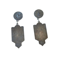 Vintage Duri Art Deco‑style abalone and rhinestone dangle post earrings with ornate floral metalwork and iridescent inlay, shown on display and vintage box.