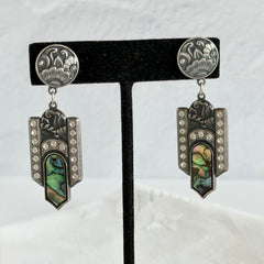 Vintage Duri Art Deco‑style abalone and rhinestone dangle post earrings with ornate floral metalwork and iridescent inlay, shown on display and vintage box.