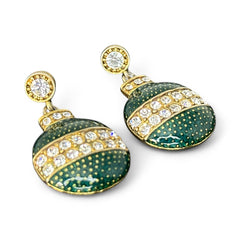 Vintage Eisenberg Ice Christmas ornament earrings with green enamel, clear rhinestone band, and gold-tone stud; signed and festive dangle design.