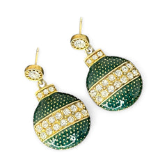 Vintage Eisenberg Ice Christmas ornament earrings with green enamel, clear rhinestone band, and gold-tone stud; signed and festive dangle design.
