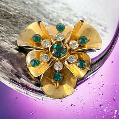 Vintage 1940's Emerald & Clear Rhinestones Gold Plated Floral Brooch/Pendant