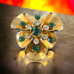 Vintage 1940's Emerald & Clear Rhinestones Gold Plated Floral Brooch/Pendant