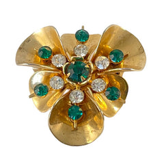 Vintage 1940's Emerald & Clear Rhinestones Gold Plated Floral Brooch/Pendant