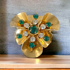 Vintage 1940's Emerald & Clear Rhinestones Gold Plated Floral Brooch/Pendant