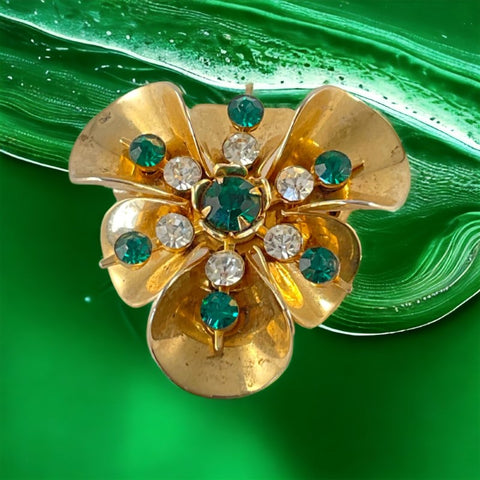 Vintage 1940's Emerald & Clear Rhinestones Gold Plated Floral Brooch/Pendant