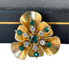 Vintage 1940's Emerald & Clear Rhinestones Gold Plated Floral Brooch/Pendant