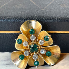 Vintage 1940's Emerald & Clear Rhinestones Gold Plated Floral Brooch/Pendant