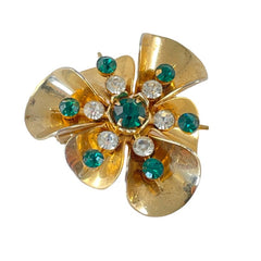 Vintage 1940's Emerald & Clear Rhinestones Gold Plated Floral Brooch/Pendant