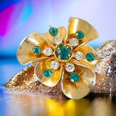 Vintage 1940's Emerald & Clear Rhinestones Gold Plated Floral Brooch/Pendant