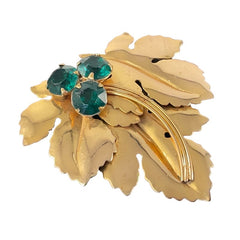 Vintage 1940's Emerald Rhinestones Gold Tone Flower and Leaves Statement Brooch