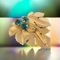 Vintage 1940's Emerald Rhinestones Gold Tone Flower and Leaves Statement Brooch