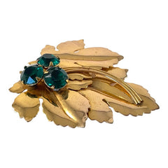 Vintage 1940's Emerald Rhinestones Gold Tone Flower and Leaves Statement Brooch