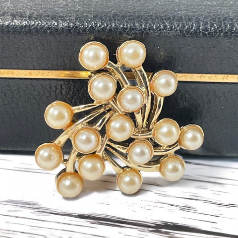 Vintage Emmons Faux Pearls Gold Tone Pinwheel Cluster Brooch