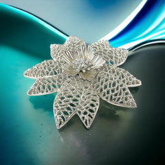 Vintage Emmons Silver Tone Open Work Statement Floral Brooch &amp; Clip-on Earrings Jewelry Set