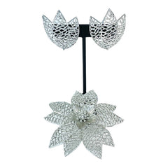 Vintage Emmons Silver Tone Open Work Statement Floral Brooch &amp; Clip-on Earrings Jewelry Set