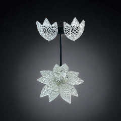 Vintage Emmons Silver Tone Open Work Statement Floral Brooch &amp; Clip-on Earrings Jewelry Set