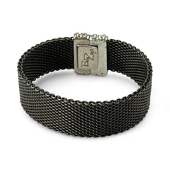 Signed Erica Zap bracelet in black nickel mesh with rhodium-plated magnetic clasp, 7-inch size, ¾-inch width, contemporary sculptural design, excellent condition.