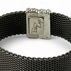 Signed Erica Zap bracelet in black nickel mesh with rhodium-plated magnetic clasp, 7-inch size, ¾-inch width, contemporary sculptural design, excellent condition.