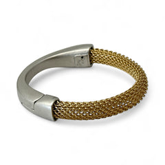 Signed Erica Zap bracelet featuring a woven 18K gold electroplated mesh band and a matte silver-tone crescent magnetic clasp. Artisan design with sculptural contrast between textures and tones. Shown from multiple angles to highlight clasp detail, mesh construction, and overall condition.