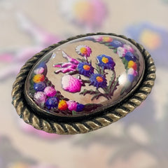 Antique Edwardian Essex Glass Style Floral Brooch | Thistle Bouquet &amp; Garland 3-D Oval Brooch