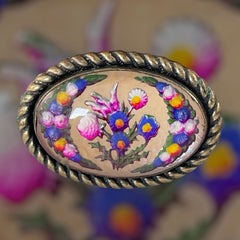 Antique Edwardian Essex Glass Style Floral Brooch | Thistle Bouquet &amp; Garland 3-D Oval Brooch