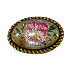 Antique Edwardian Essex Glass Style Pansy Floral Oval Brooch