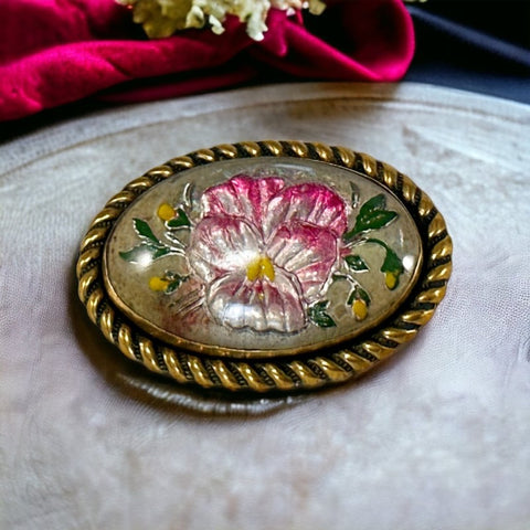 Antique Edwardian Essex Glass Style Pansy Floral Oval Brooch