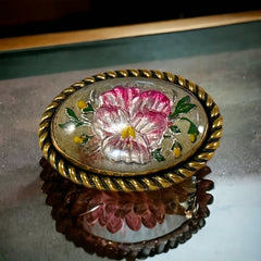 Antique Edwardian Essex Glass Style Pansy Floral Oval Brooch