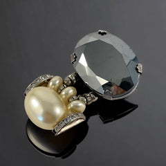 Vintage Faceted Hematite Glass Oval & Faux Pearls Dangle Statement Brooch