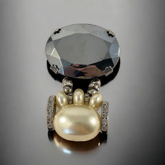 Vintage Faceted Hematite Glass Oval & Faux Pearls Dangle Statement Brooch