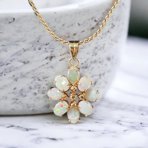 Vintage Faux Opal Floral Pendant & Gold Tone Chain Minimalist Necklace