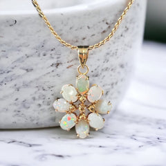 Vintage Faux Opal Floral Pendant & Gold Tone Chain Minimalist Necklace