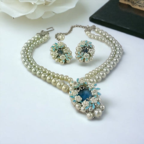 Vintage 1950s Faux Pearls &amp; Blue Floral Ornate Pendant Necklace + Earrings Jewelry Set Myriam Haskell Style