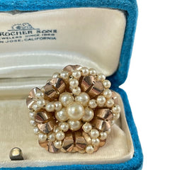 Vintage Faux Pearls Rose Gold Plated 1940's Floral Brooch