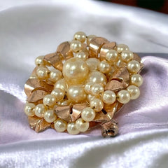 Vintage Faux Pearls Rose Gold Plated 1940's Floral Brooch