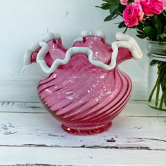 Vintage Fenton Cranberry Swirl Glass Snow Crest Small Vase