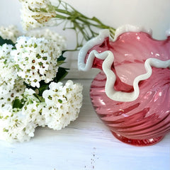 Vintage Fenton Cranberry Swirl Glass Snow Crest Small Vase