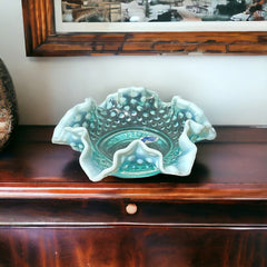 Vintage Fenton Light Aqua Blue Opalescent Hobnail Crimped Ruffled Edges Candy Dish