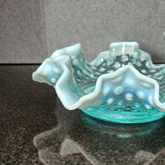 Vintage Fenton Light Aqua Blue Opalescent Hobnail Crimped Ruffled Edges Candy Dish