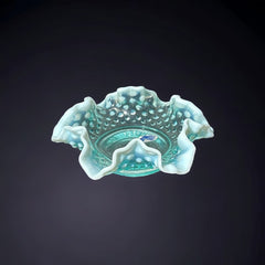 Vintage Fenton Light Aqua Blue Opalescent Hobnail Crimped Ruffled Edges Candy Dish